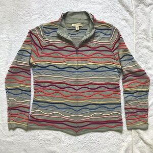 Coldwater Creek unique grey embroidered rainbow colored full zip up sweater